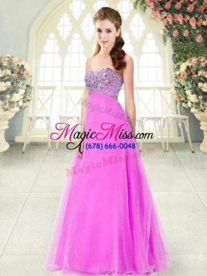 Delicate Pink A-line Sweetheart Sleeveless Tulle Floor Length Lace Up Beading Prom Evening Gown