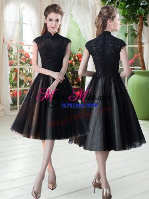 High Quality Black Zipper High-neck Beading and Lace Prom Dresses Tulle Cap Sleeves