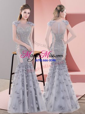 Scoop Cap Sleeves Homecoming Dress Floor Length Beading and Lace and Hand Made Flower Grey Tulle