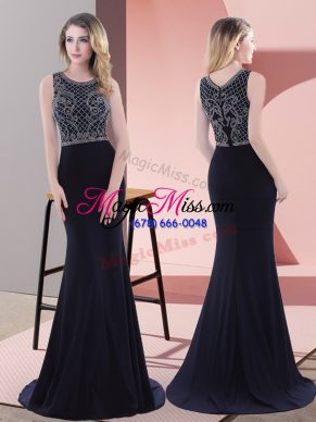 Navy Blue Sleeveless Sweep Train Beading and Lace Prom Gown