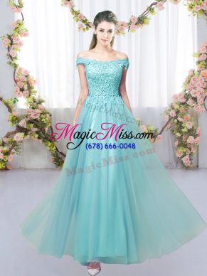 Floor Length Aqua Blue Bridesmaid Dress Tulle Sleeveless Lace