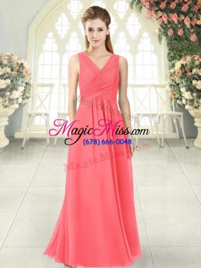 Chiffon V-neck Sleeveless Zipper Ruching Prom Evening Gown in Watermelon Red