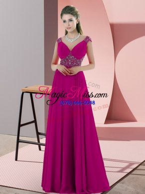 Stylish Sleeveless Chiffon Floor Length Backless Dress for Prom in Fuchsia with Beading