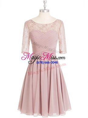 Flirting Pink Half Sleeves Chiffon Zipper Prom Dress for Prom and Party and Military Ball