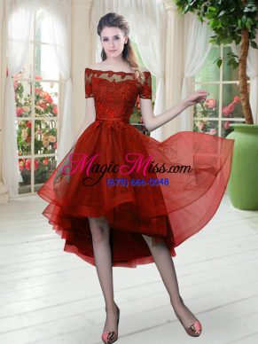 High Low A-line Short Sleeves Wine Red Homecoming Dress Lace Up