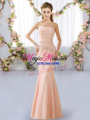 Peach Sleeveless Floor Length Beading Lace Up Bridesmaids Dress