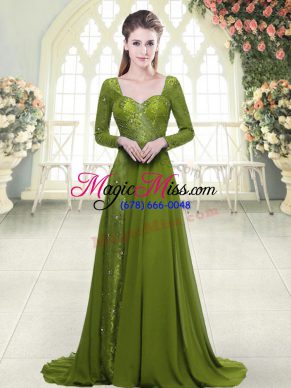 Olive Green Sweetheart Backless Beading Prom Party Dress Sweep Train Long Sleeves
