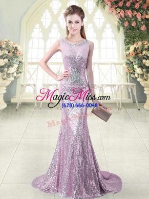 Super Lilac Prom Dress Sequined Brush Train Sleeveless Beading and Sequins