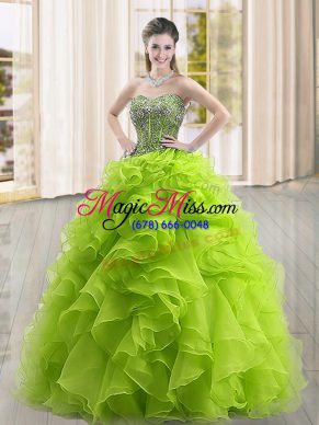 Yellow Green Sweetheart Lace Up Beading and Ruffles Quinceanera Gown Sleeveless