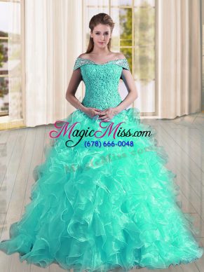 Luxury Turquoise A-line Beading and Lace and Ruffles 15 Quinceanera Dress Lace Up Organza Sleeveless