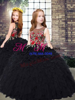 Embroidery and Ruffles Little Girls Pageant Dress Black Zipper Sleeveless Floor Length