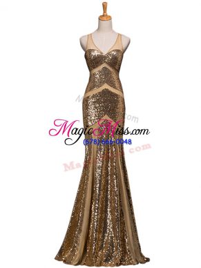 Sequined V-neck Sleeveless Sweep Train Backless Ruching Prom Dress in Brown