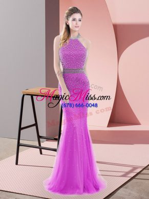Luxury Brush Train Mermaid Dress for Prom Lilac Halter Top Tulle Sleeveless Backless