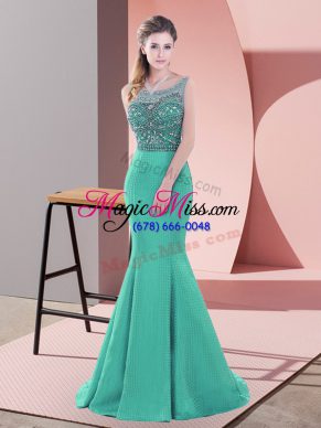 Most Popular Scoop Sleeveless Prom Dress Sweep Train Beading Turquoise Satin