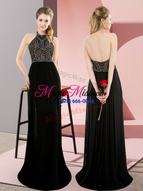 Black Sleeveless Chiffon Sweep Train Backless Dress for Prom for Prom and Party and Military Ball