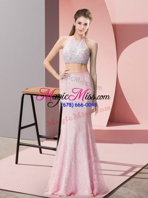 Pink Evening Dress Prom and Party and Wedding Party with Beading Halter Top Sleeveless Backless
