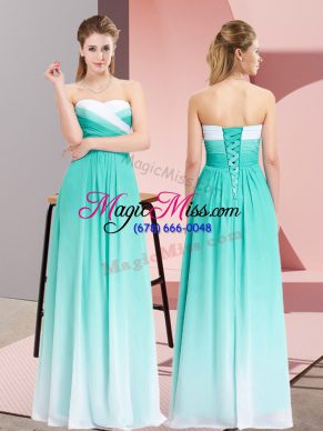 Turquoise Lace Up Juniors Evening Dress Ruching Sleeveless Floor Length
