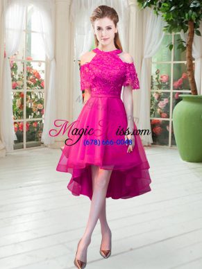 Hot Pink Short Sleeves High Low Lace Zipper
