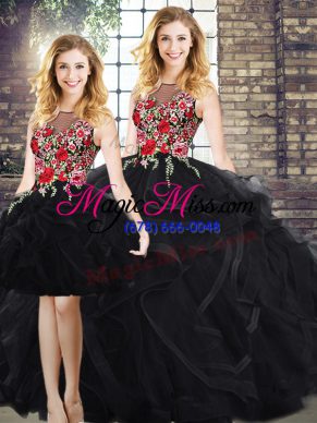 Scoop Sleeveless Zipper Embroidery and Ruffles 15 Quinceanera Dress in Black