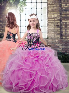 Tulle Straps Sleeveless Lace Up Embroidery and Ruffles Child Pageant Dress in Lilac
