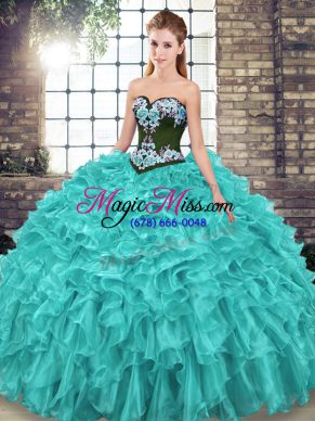 Sleeveless Organza Sweep Train Lace Up Sweet 16 Dress in Turquoise with Embroidery and Ruffles