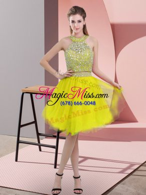 Yellow Organza Backless Halter Top Sleeveless Knee Length Dress for Prom Beading