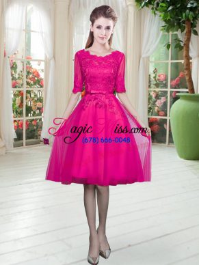 Fitting Half Sleeves Tulle Knee Length Lace Up in Fuchsia with Lace