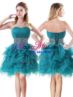 Fashion Sleeveless Mini Length Beading and Ruffles Lace Up Prom Party Dress with Teal