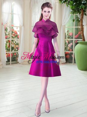 Beauteous Knee Length Purple Evening Dress High-neck Cap Sleeves Lace Up