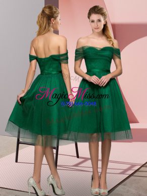 Tea Length Green Prom Dress Tulle Sleeveless Beading and Lace