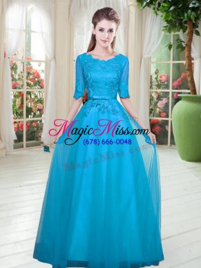 Gorgeous Lace Prom Dress Blue Lace Up Half Sleeves Floor Length