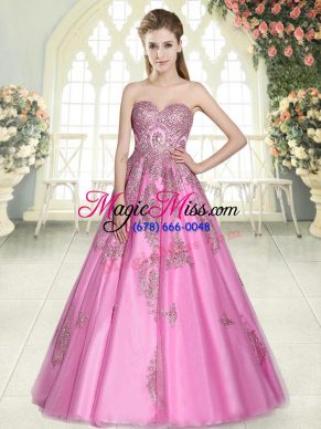 Affordable Rose Pink A-line Tulle Sweetheart Sleeveless Appliques Floor Length Lace Up Evening Dress