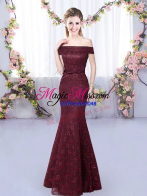 Burgundy Off The Shoulder Neckline Lace Bridesmaids Dress Sleeveless Lace Up