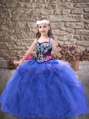 Royal Blue Ball Gowns Tulle Straps Sleeveless Embroidery and Ruffles Floor Length Lace Up Pageant Dress for Teens