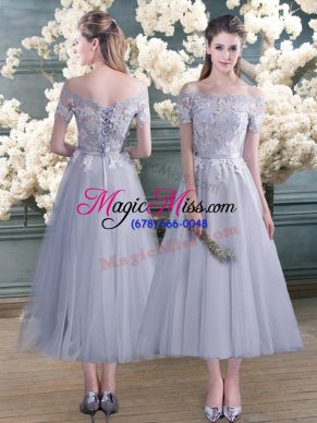 Grey Off The Shoulder Lace Up Lace and Appliques Prom Evening Gown Short Sleeves