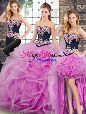 Lace Up Sweet 16 Dresses Lilac for Military Ball and Sweet 16 and Quinceanera with Embroidery and Ruffles Sweep Train