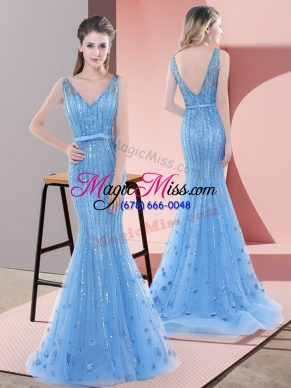 Tulle Sleeveless Prom Evening Gown Sweep Train and Beading and Sequins