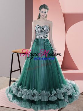 Colorful Sweetheart Sleeveless Prom Dress Sweep Train Beading Dark Green Tulle