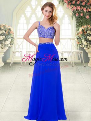 High End Royal Blue Two Pieces Chiffon Straps Sleeveless Beading Floor Length Zipper Going Out Dresses