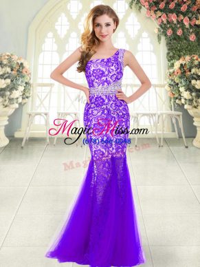 Shining Floor Length Purple Prom Dresses One Shoulder Sleeveless Zipper