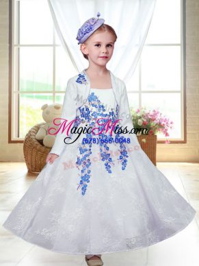 Deluxe A-line Flower Girl Dresses for Less White Straps Lace Sleeveless Ankle Length Zipper