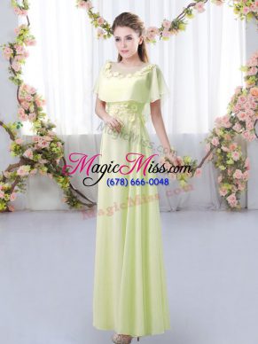On Sale Short Sleeves Floor Length Appliques Zipper Dama Dress for Quinceanera with Yellow Green