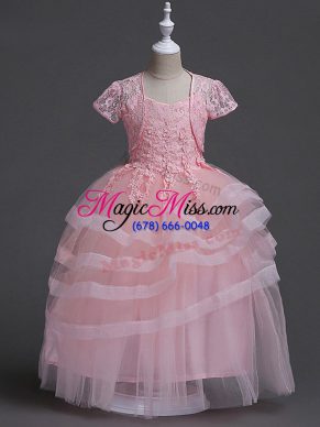 Glittering Appliques Toddler Flower Girl Dress Baby Pink Zipper Sleeveless Floor Length