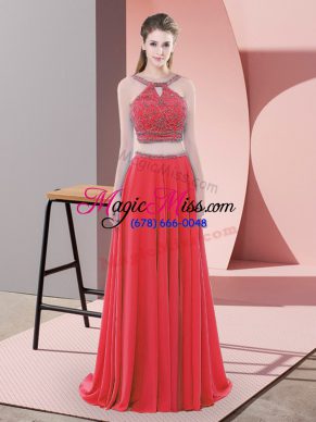 Sleeveless Chiffon Sweep Train Backless Prom Dresses in Red with Beading