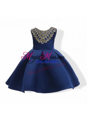 Appliques and Bowknot Pageant Dress Wholesale Navy Blue Zipper Sleeveless Mini Length