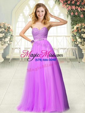 Simple Lilac Tulle Zipper Dress for Prom Sleeveless Floor Length Beading