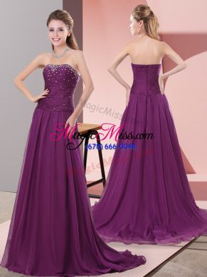 Discount Beading and Lace Prom Evening Gown Purple Zipper Sleeveless Sweep Train