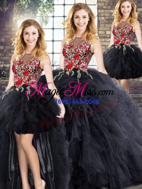 Black Ball Gowns Scoop Sleeveless Embroidery and Ruffles Floor Length Zipper Sweet 16 Quinceanera Dress