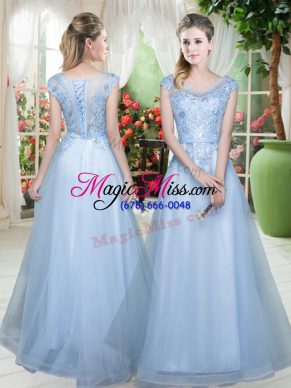 Dynamic Light Blue Cap Sleeves Tulle Lace Up Prom Evening Gown for Prom and Party