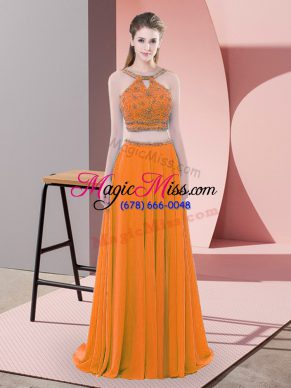 Affordable Straps Sleeveless Dress for Prom Sweep Train Beading Orange Chiffon